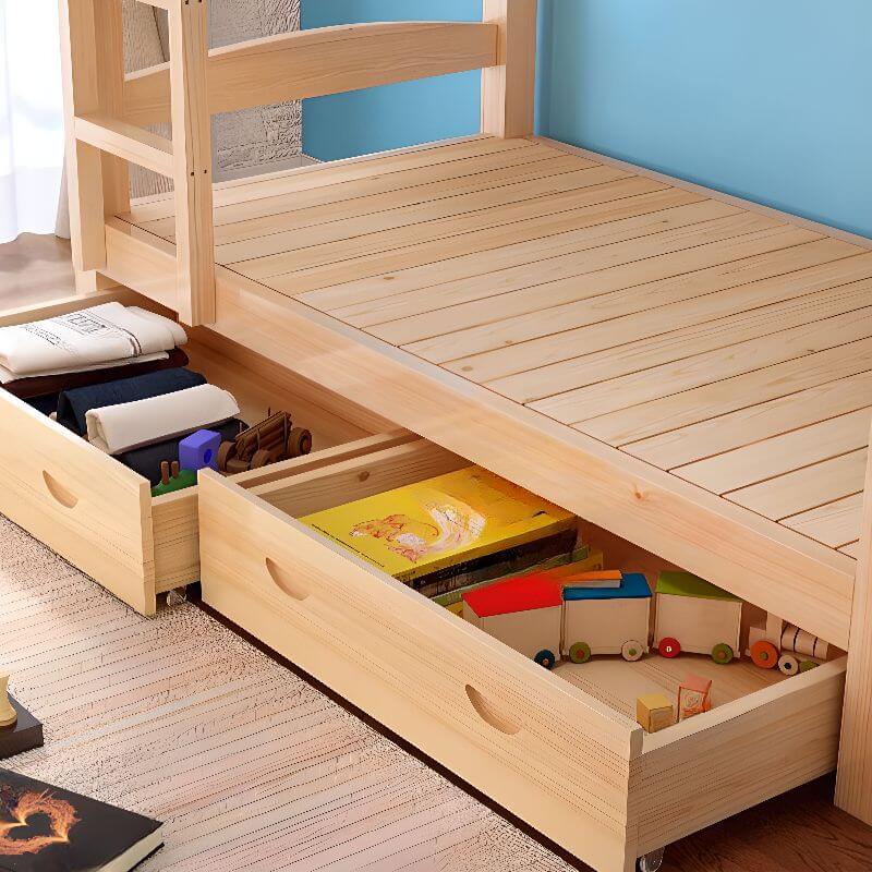 Modern Pine Wood Bunk Bed with Ladder & Guardrails