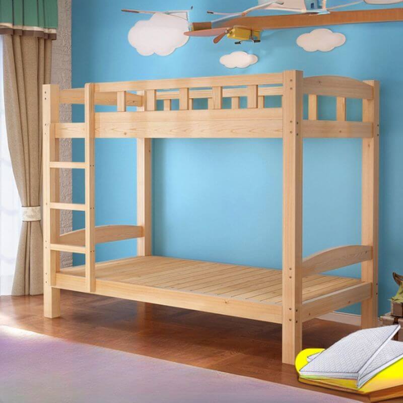 Modern Pine Wood Bunk Bed with Ladder & Guardrails