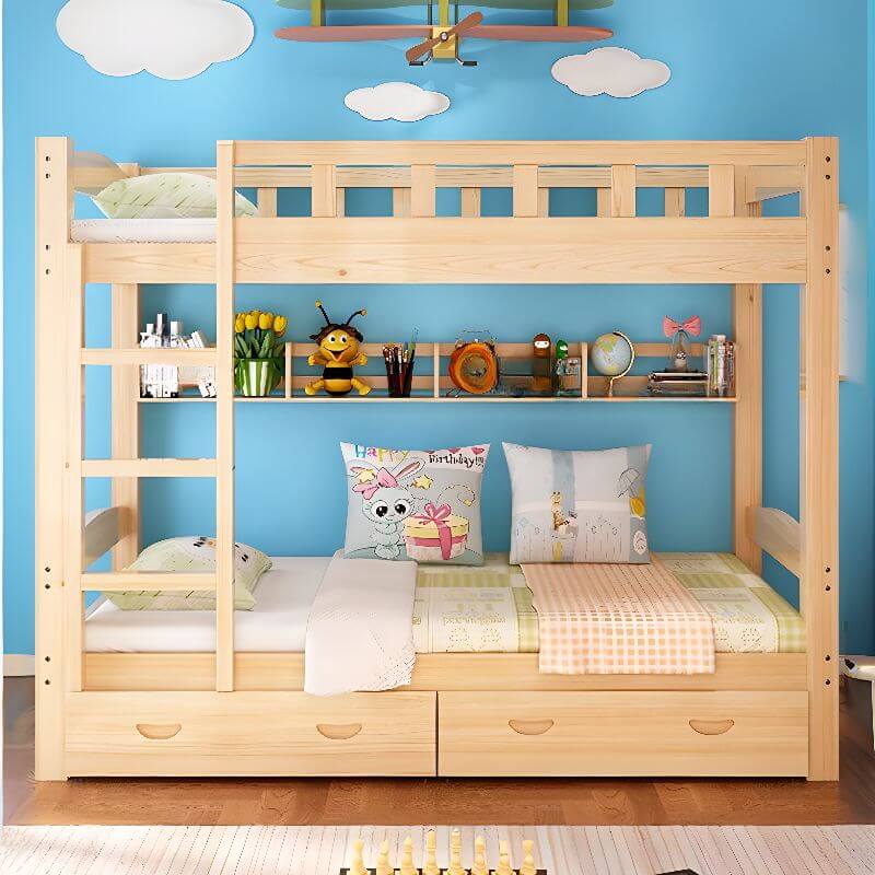 Modern Pine Wood Bunk Bed with Ladder & Guardrails