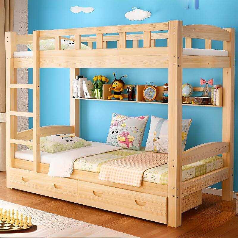 Modern Pine Wood Bunk Bed with Ladder & Guardrails Main Product Image