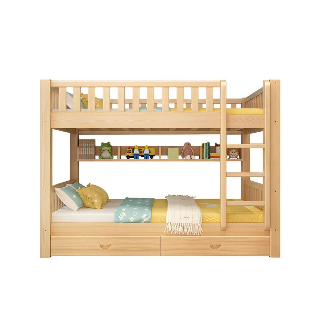 Modern Pine Wood Kids Bunk Bed with Storage Drawers in Natural Finish