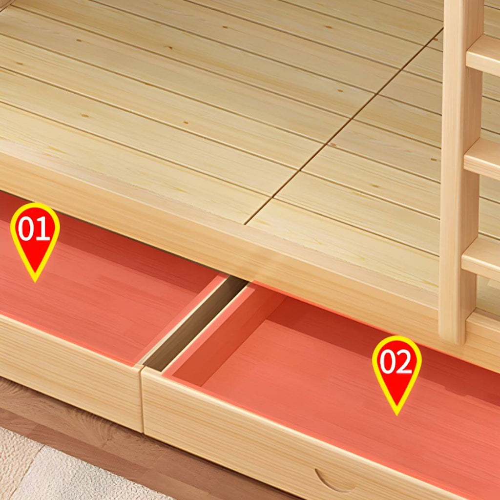 Modern Pine Wood Kids Bunk Bed with Storage Drawers in Natural Finish
