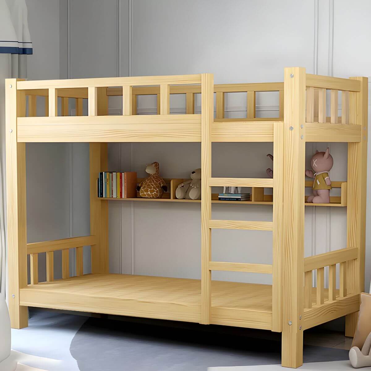 Modern Pine Wood Kids Bunk Bed with Storage Drawers in Natural Finish