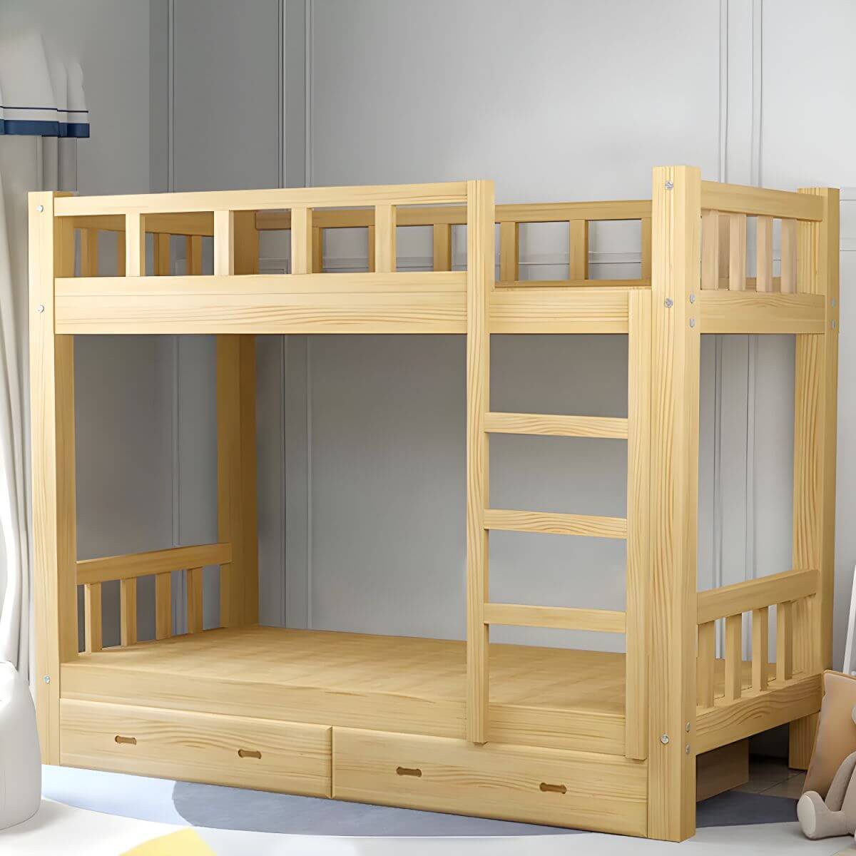 Modern Pine Wood Kids Bunk Bed with Storage Drawers in Natural Finish