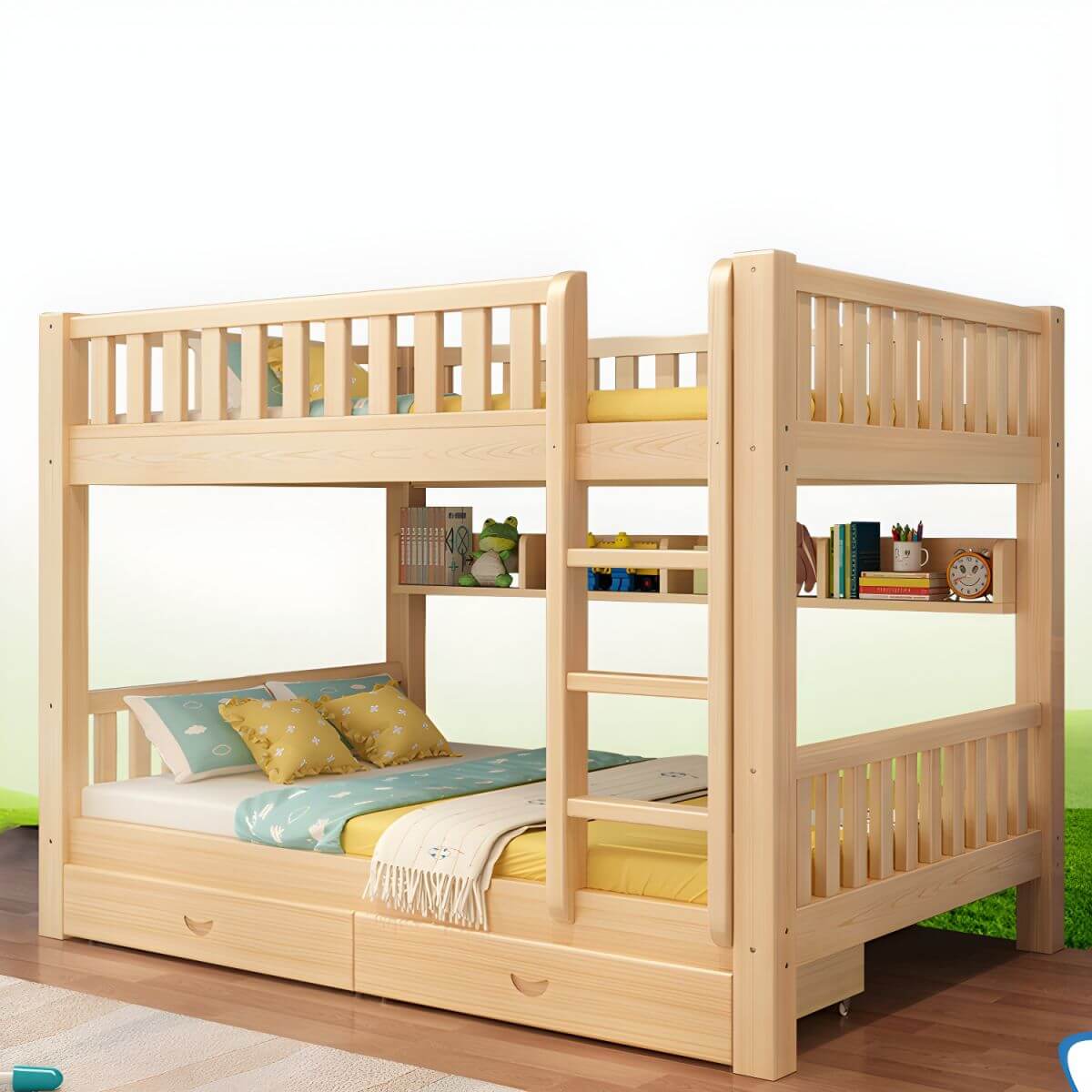 Modern Pine Wood Kids Bunk Bed with Storage Drawers in Natural Finish Zweitbild
