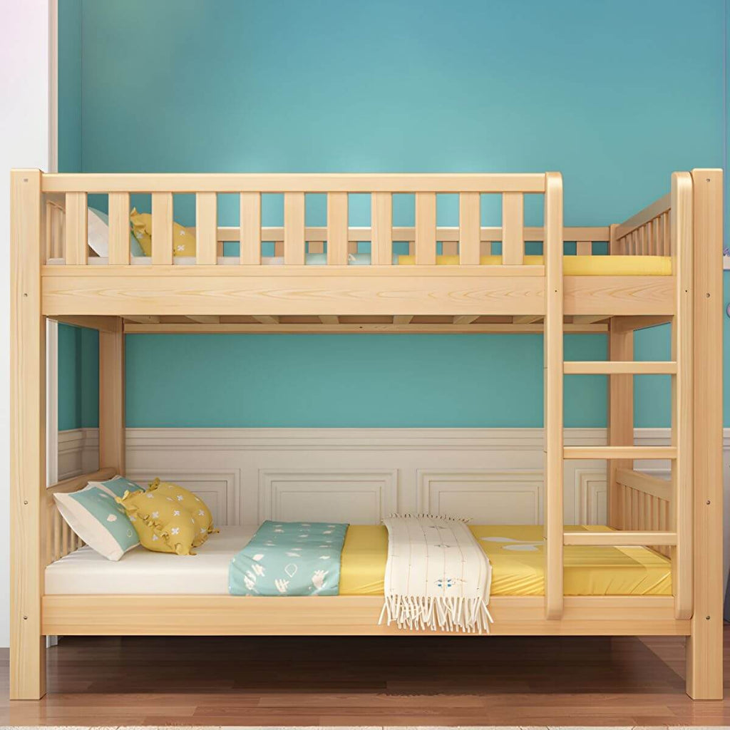 Modern Pine Wood Kids Bunk Bed with Storage Drawers in Natural Finish