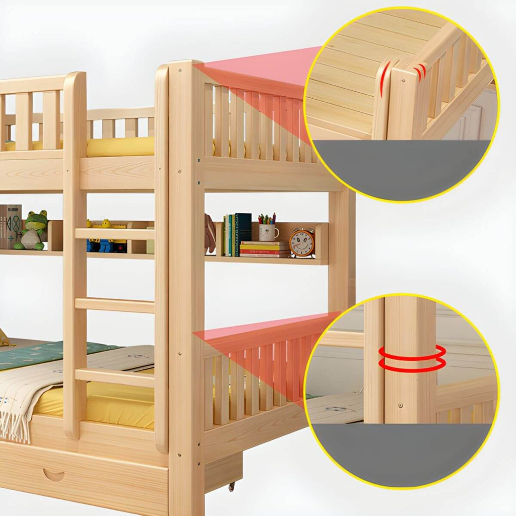 Modern Pine Wood Kids Bunk Bed with Storage Drawers in Natural Finish