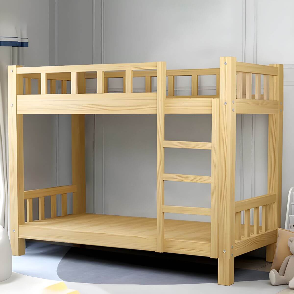 Modern Pine Wood Kids Bunk Bed with Storage Drawers in Natural Finish メイン画像
