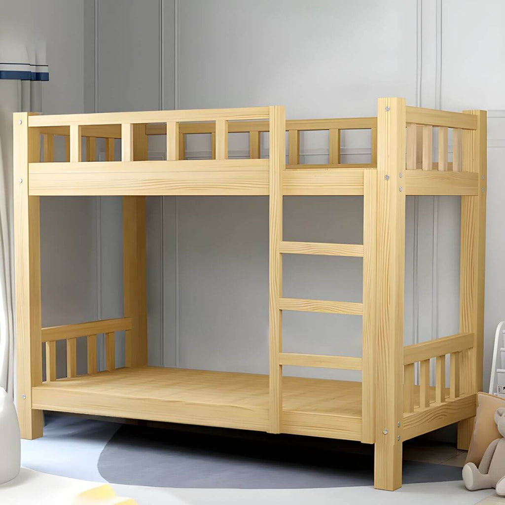 Modern Pine Wood Kids Bunk Bed with Storage Drawers in Natural Finish