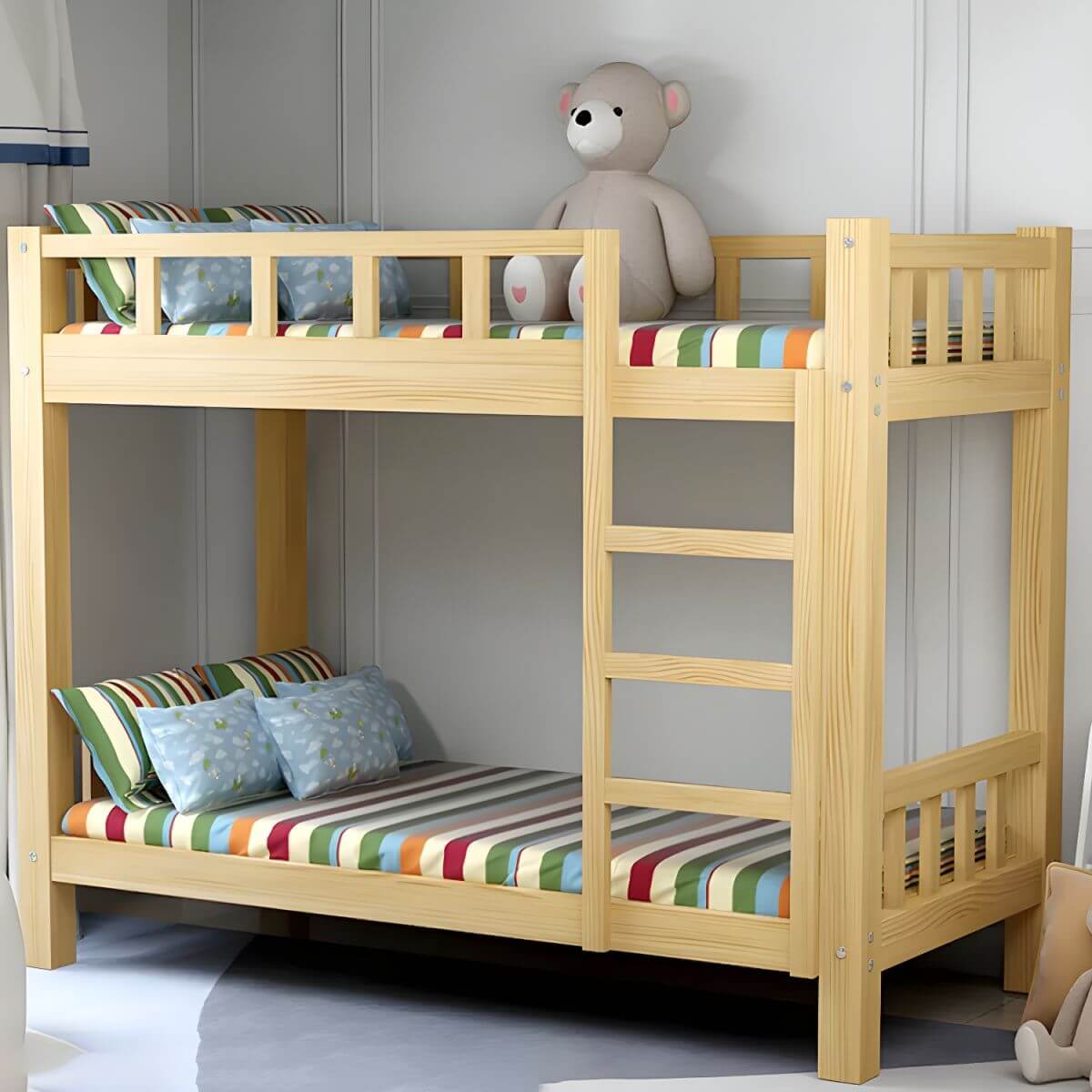 Modern Pine Wood Kids Bunk Bed with Storage Drawers in Natural Finish