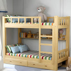 Modern Pine Wood Kids Bunk Bed with Storage Drawers in Natural Finish