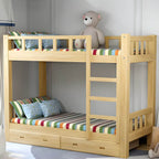Modern Pine Wood Kids Bunk Bed with Storage Drawers in Natural Finish