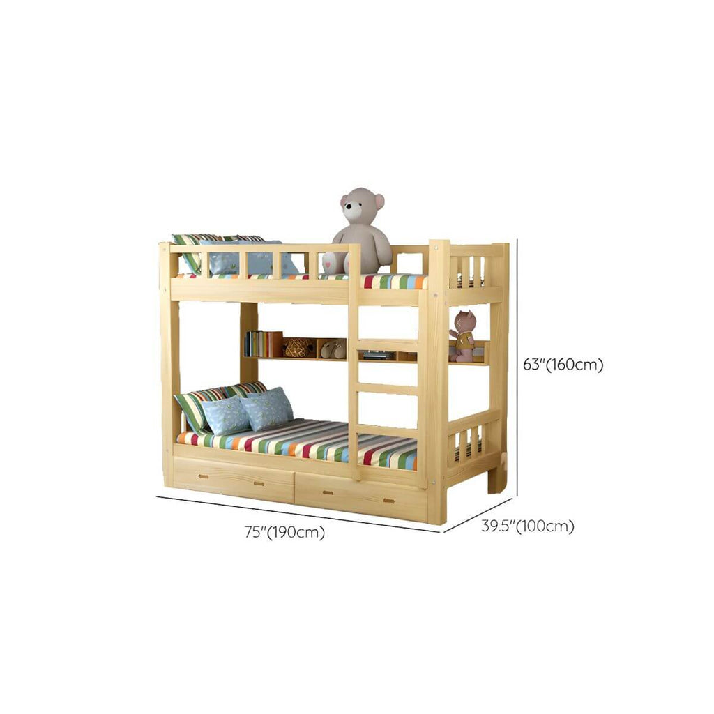 Modern Pine Wood Kids Bunk Bed with Storage Drawers in Natural Finish Dimensions