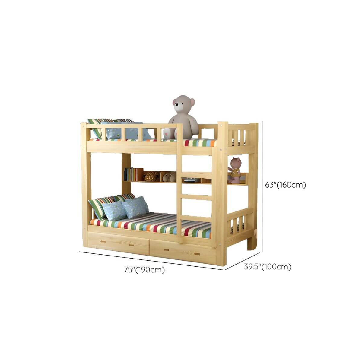 Modern Pine Wood Kids Bunk Bed with Storage Drawers in Natural Finish Dimensions