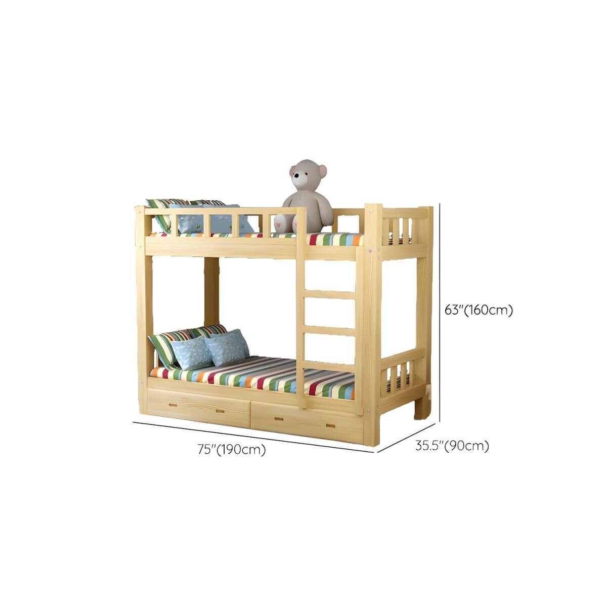 Modern Pine Wood Kids Bunk Bed with Storage Drawers in Natural Finish Dimensions