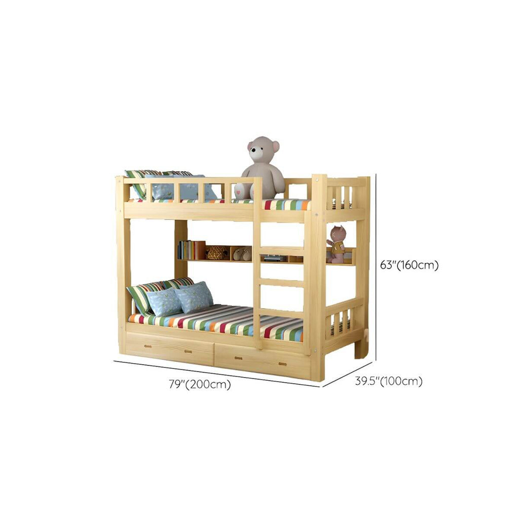 Modern Pine Wood Kids Bunk Bed with Storage Drawers in Natural Finish Dimensions