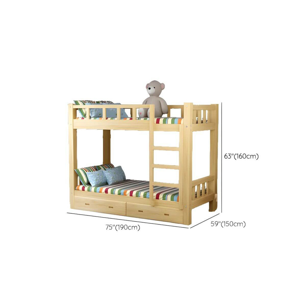 Modern Pine Wood Kids Bunk Bed with Storage Drawers in Natural Finish Dimensions