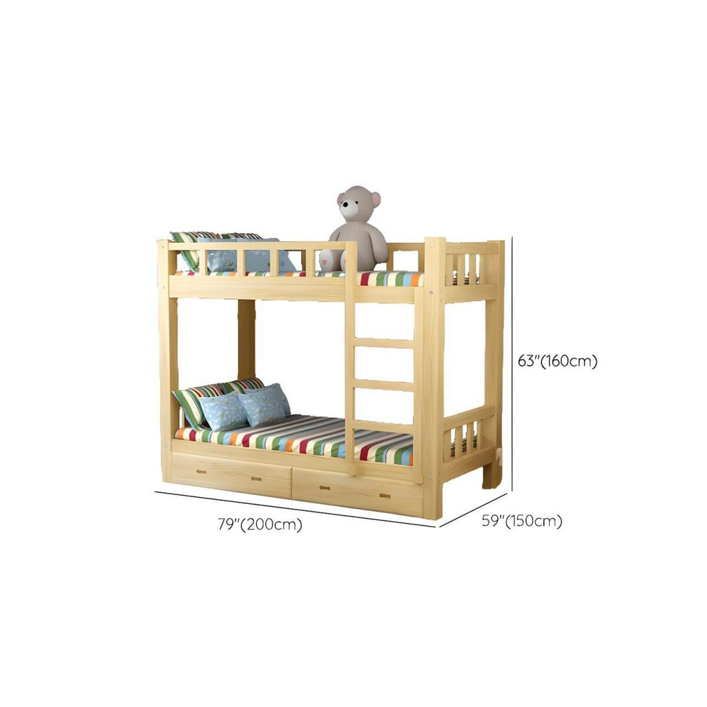 Modern Pine Wood Kids Bunk Bed with Storage Drawers in Natural Finish Dimensions