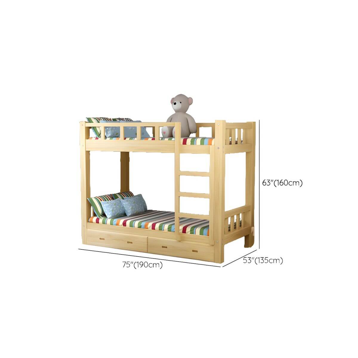 Modern Pine Wood Kids Bunk Bed with Storage Drawers in Natural Finish Dimensions