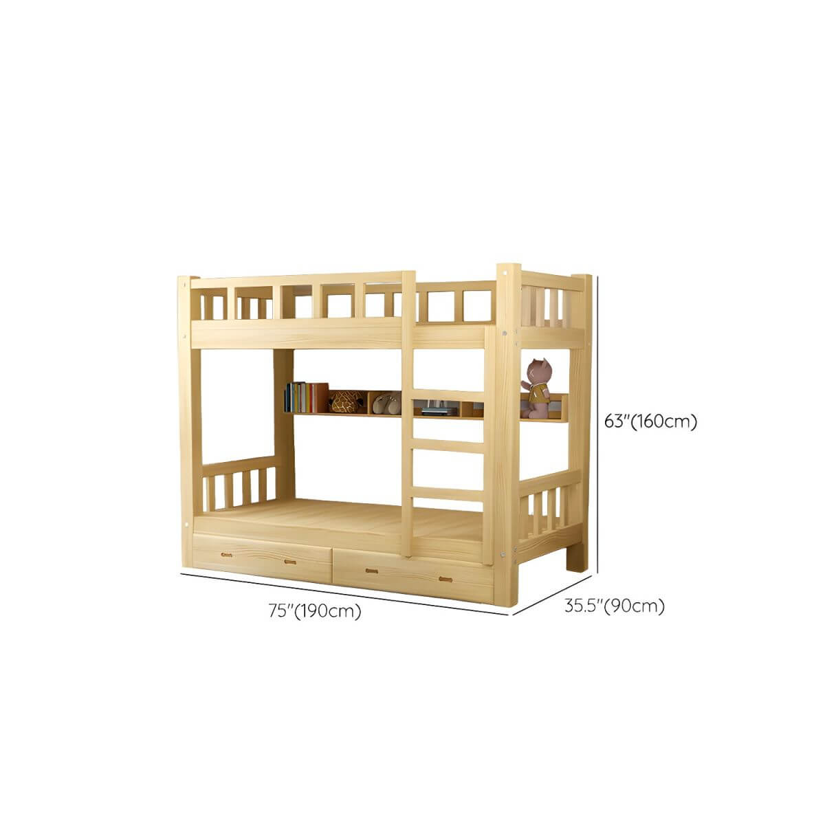 Modern Pine Wood Kids Bunk Bed with Storage Drawers in Natural Finish Dimensions