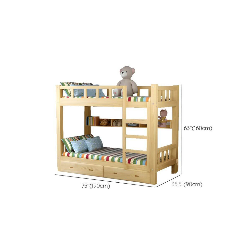 Modern Pine Wood Kids Bunk Bed with Storage Drawers in Natural Finish Dimensions