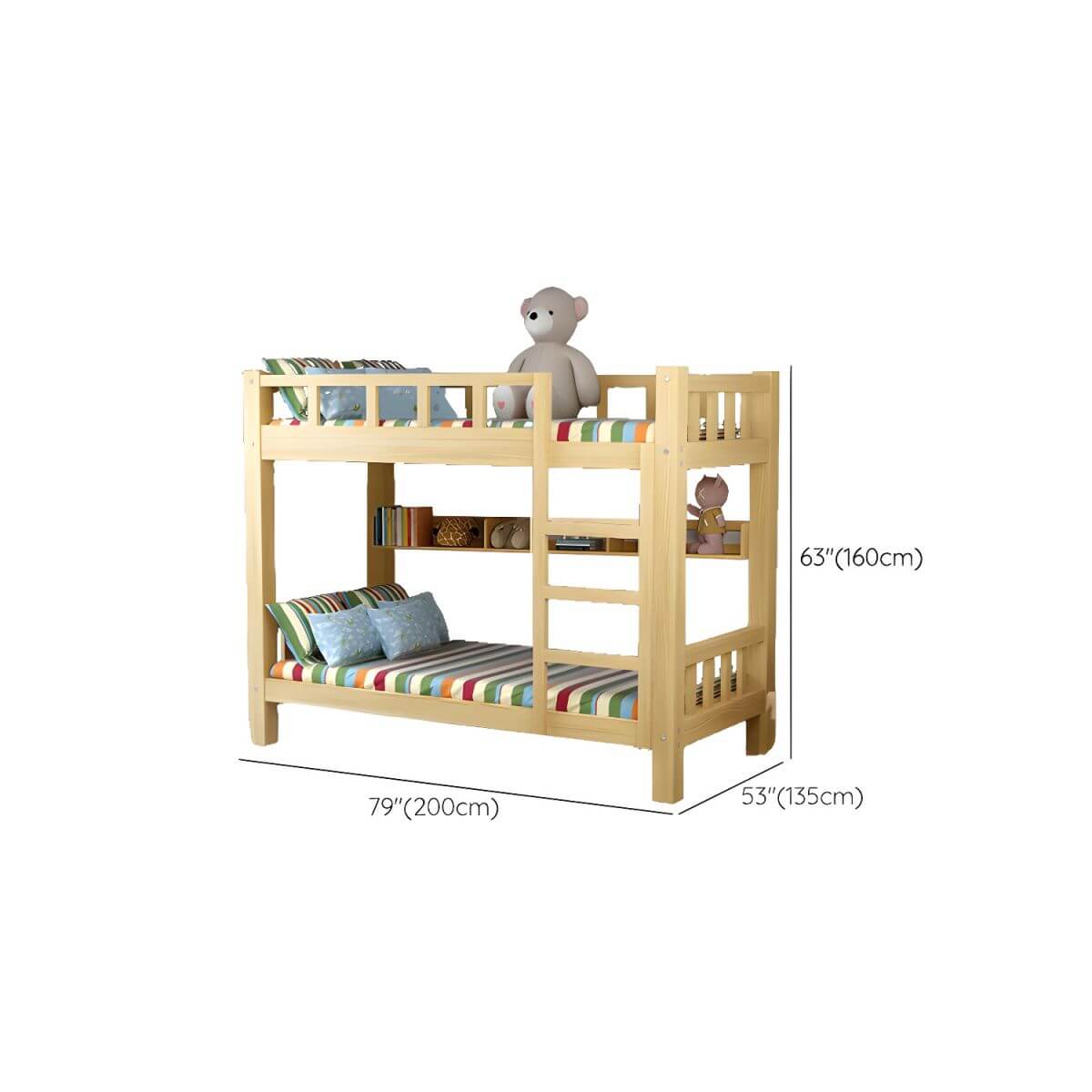 Modern Pine Wood Kids Bunk Bed with Storage Drawers in Natural Finish Dimensions