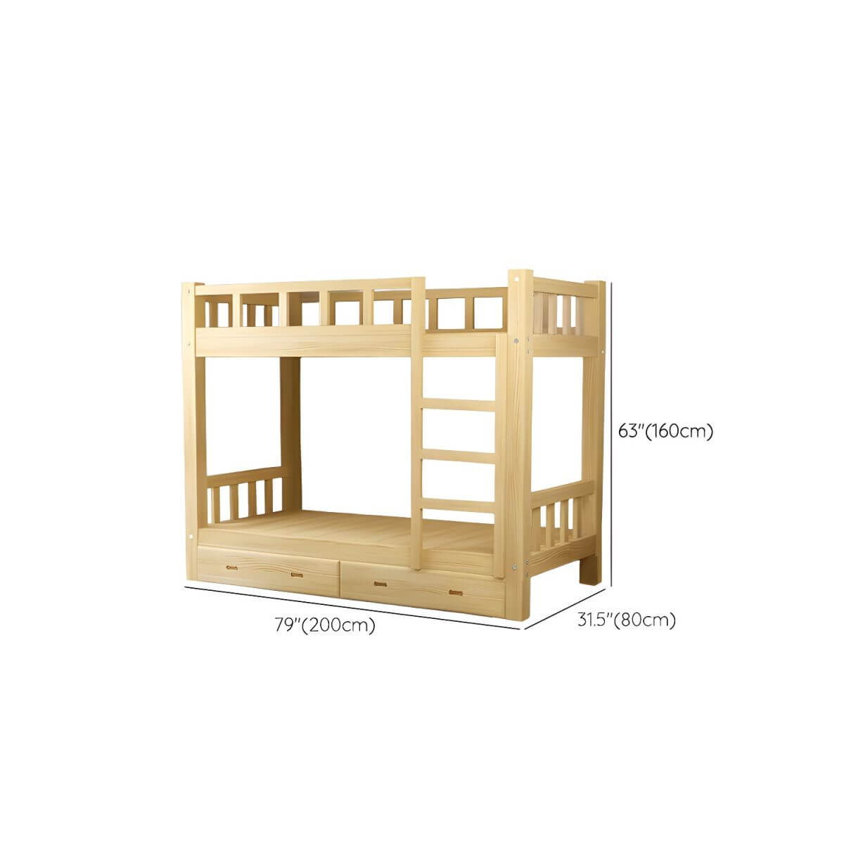 Modern Pine Wood Kids Bunk Bed with Storage Drawers in Natural Finish Dimensions