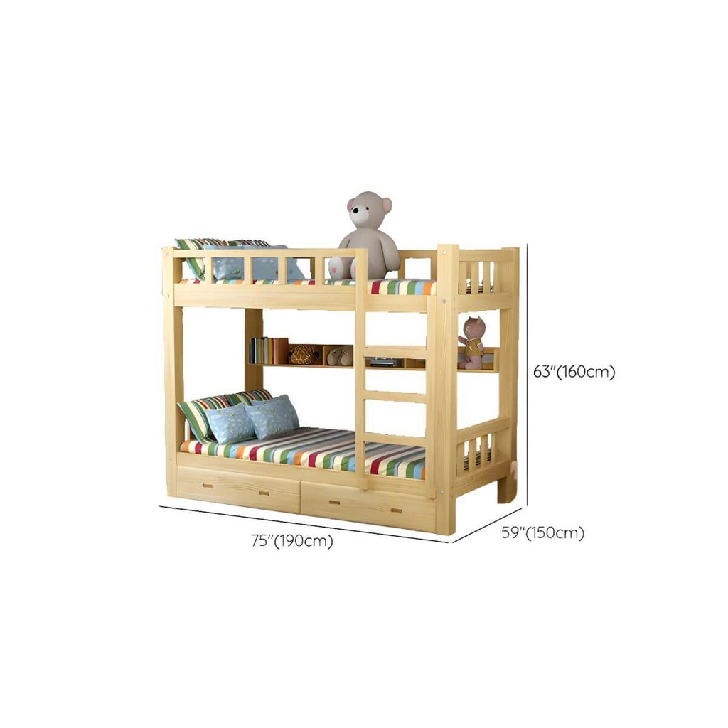 Modern Pine Wood Kids Bunk Bed with Storage Drawers in Natural Finish Dimensions