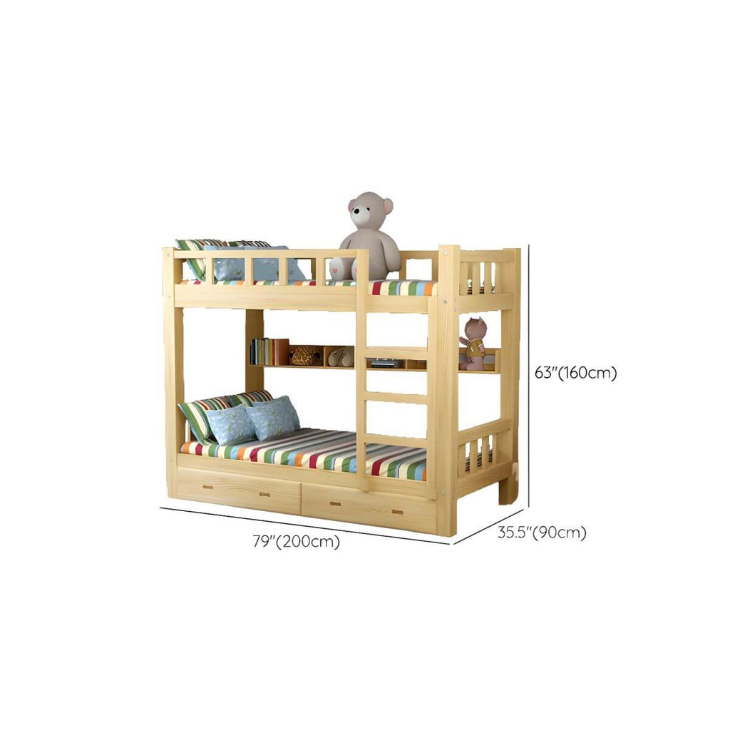 Modern Pine Wood Kids Bunk Bed with Storage Drawers in Natural Finish Dimensions