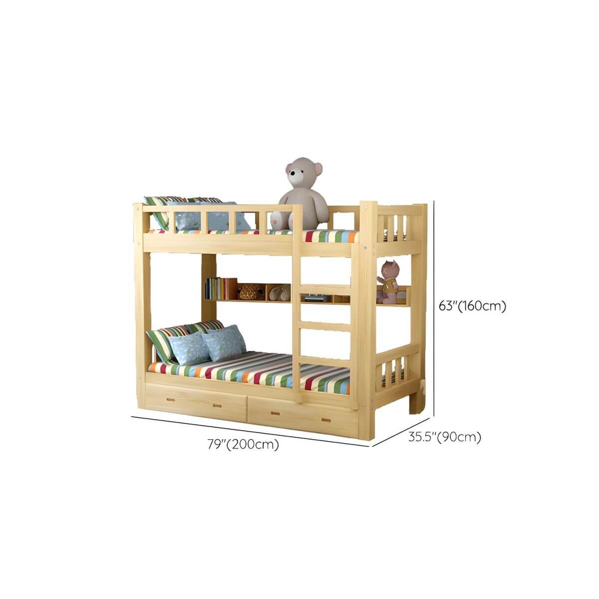 Modern Pine Wood Kids Bunk Bed with Storage Drawers in Natural Finish Dimensions