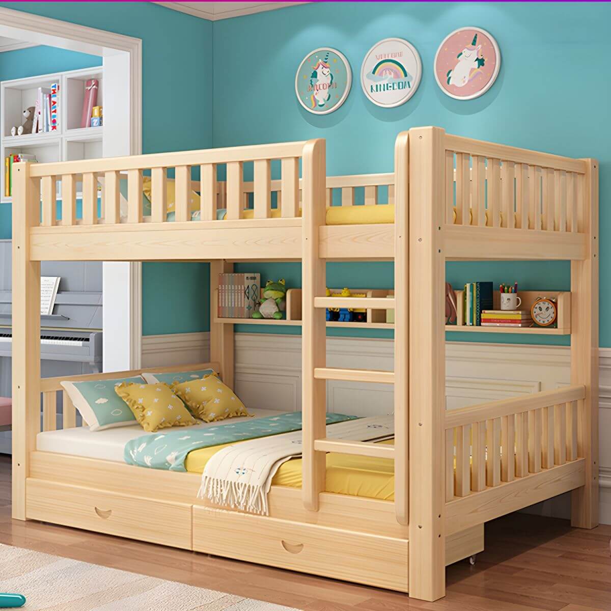 Modern Pine Wood Kids Bunk Bed with Storage Drawers in Natural Finish Main Product Image Hauptbild