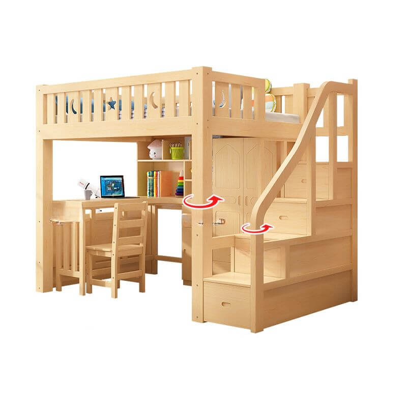 Modern Pine Wood Loft Bed Set with Mattress and Ladder