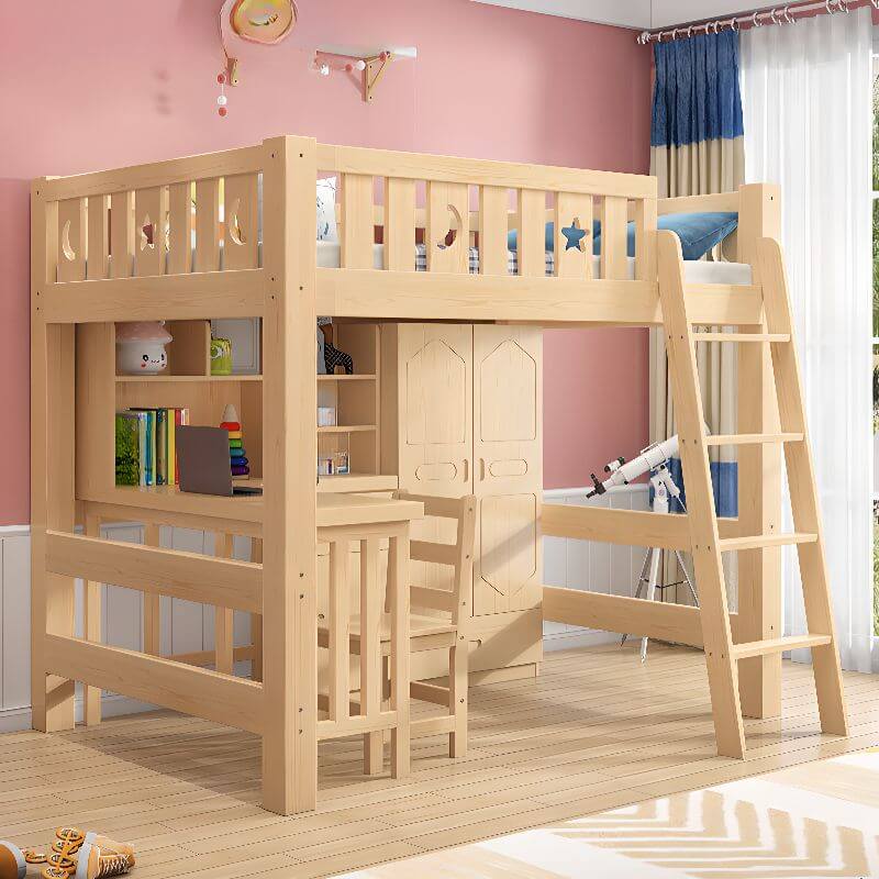 Modern Pine Wood Loft Bed Set with Mattress and Ladder