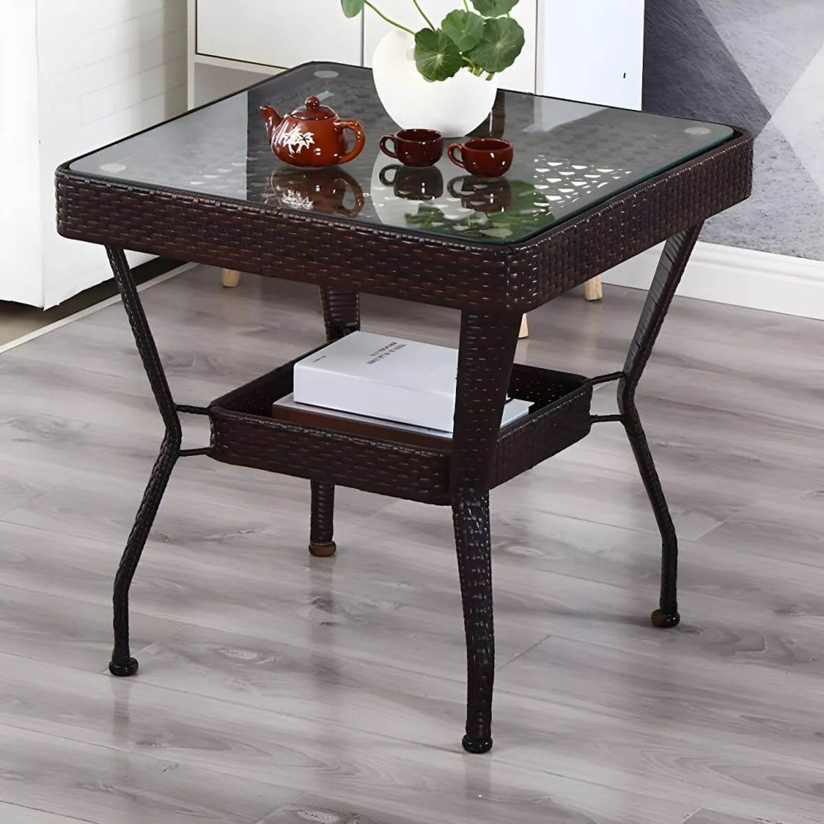 Modern Rattan Patio Table with Tempered Glass Top