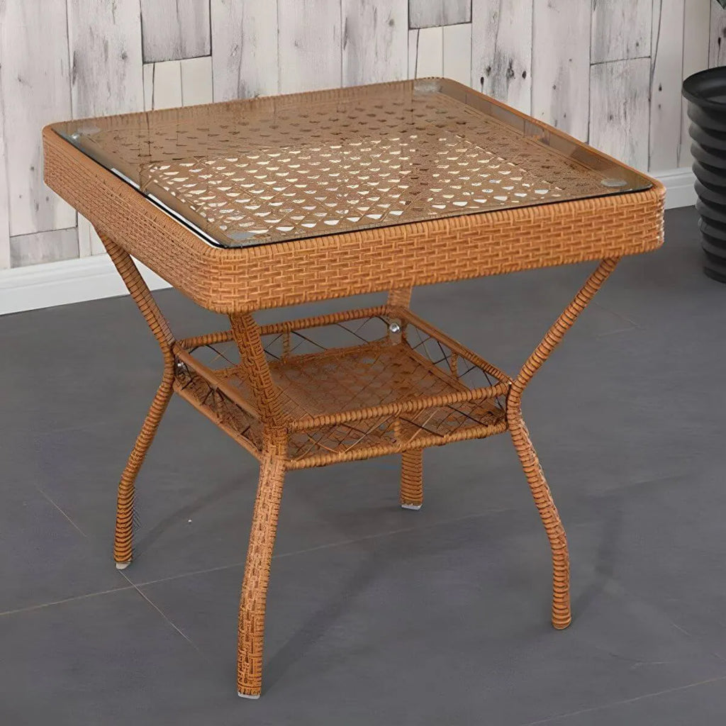 Modern Rattan Patio Table with Tempered Glass Top