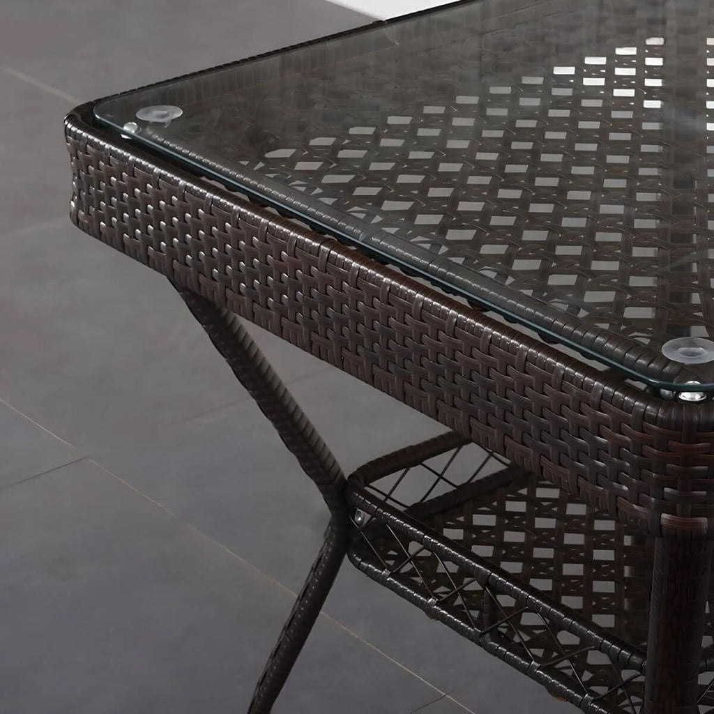 Modern Rattan Patio Table with Tempered Glass Top