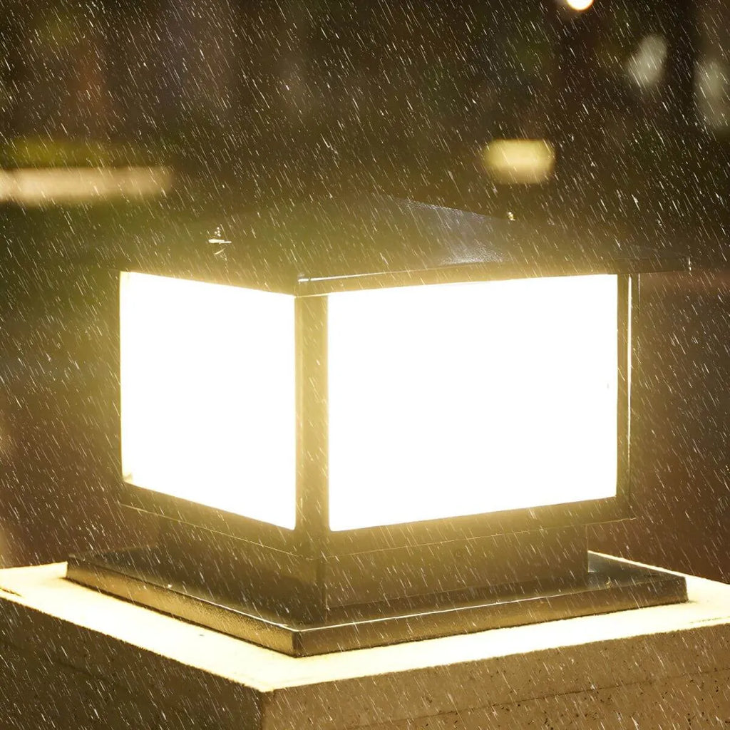 Modern Rectangle Metal Outdoor Pillar Lamp with Hipped Roof Design