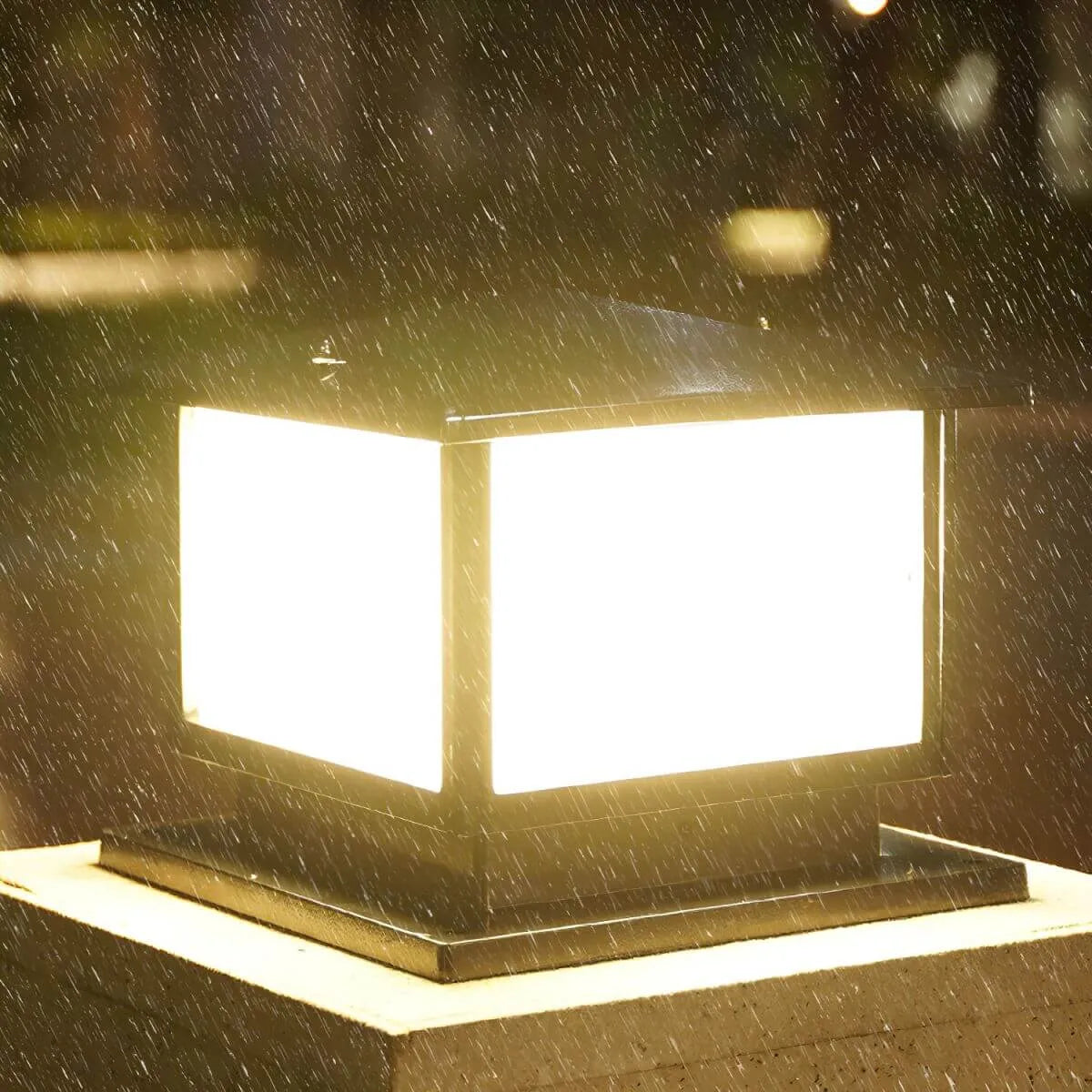 Modern Rectangle Metal Outdoor Pillar Lamp with Hipped Roof Design