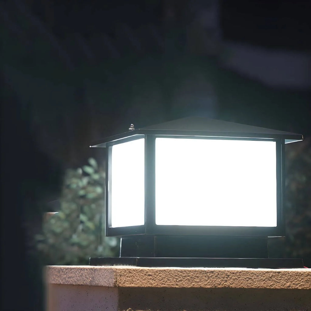 Modern Rectangle Metal Outdoor Pillar Lamp with Hipped Roof Design