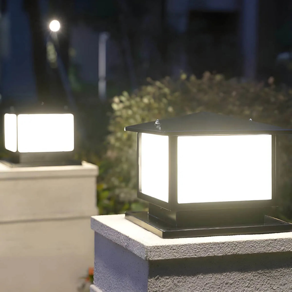 Modern Rectangle Metal Outdoor Pillar Lamp with Hipped Roof Design