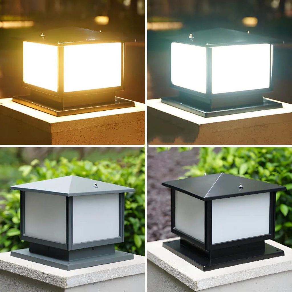 Modern Rectangle Metal Outdoor Pillar Lamp with Hipped Roof Design