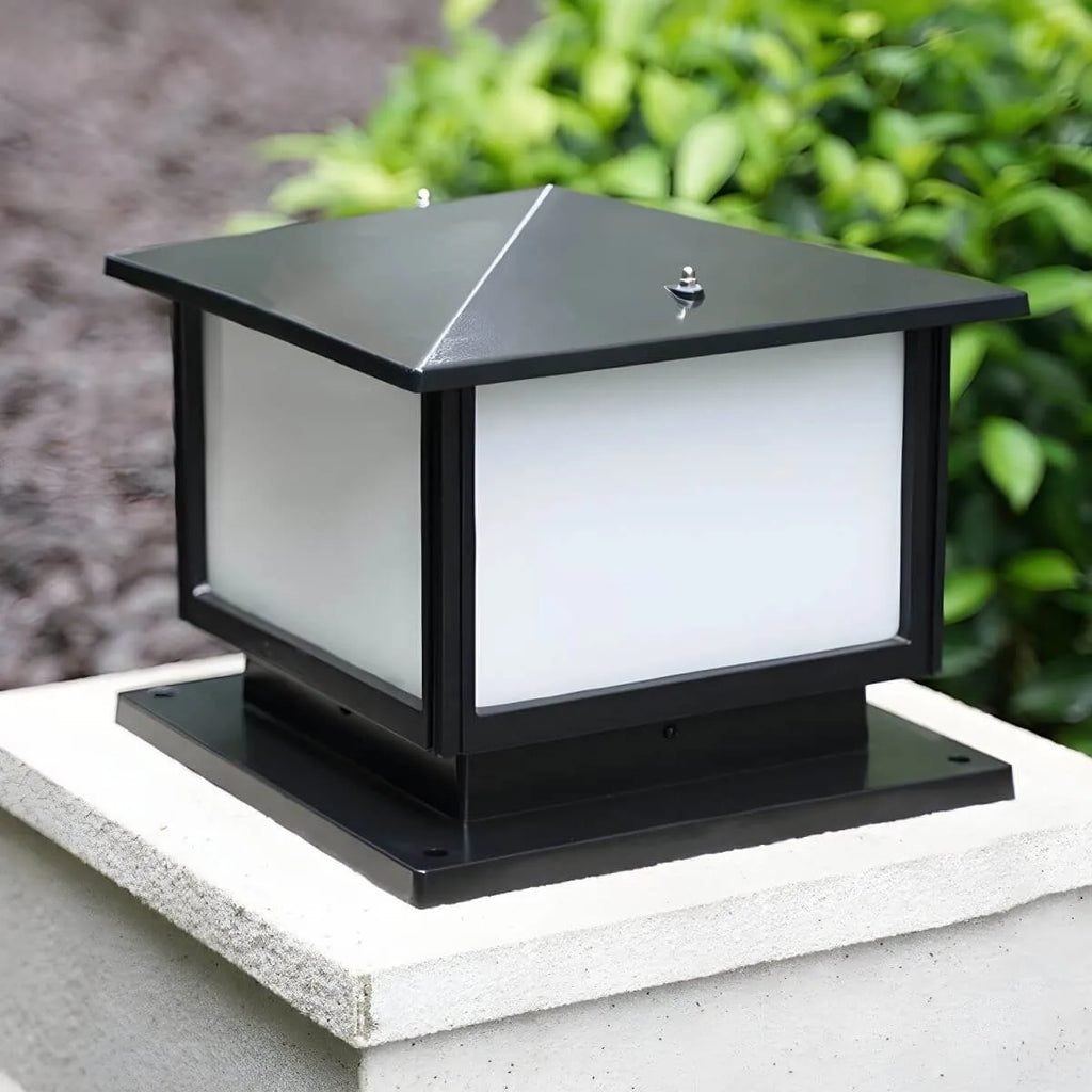 Modern Rectangle Metal Outdoor Pillar Lamp with Hipped Roof Design