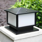 Modern Rectangle Metal Outdoor Pillar Lamp with Hipped Roof Design