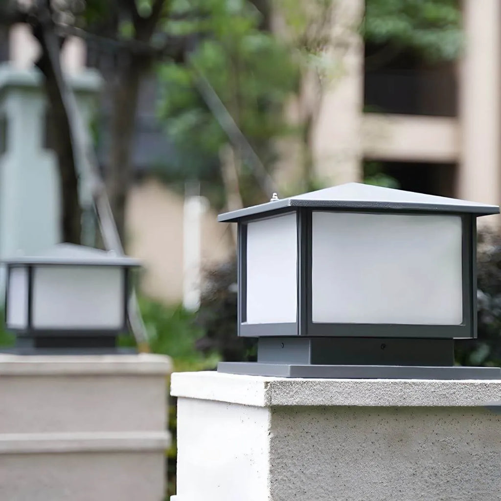 Modern Rectangle Metal Outdoor Pillar Lamp with Hipped Roof Design