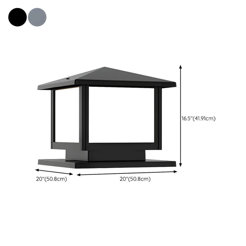 Modern Rectangle Metal Outdoor Pillar Lamp with Hipped Roof Design Dimensions