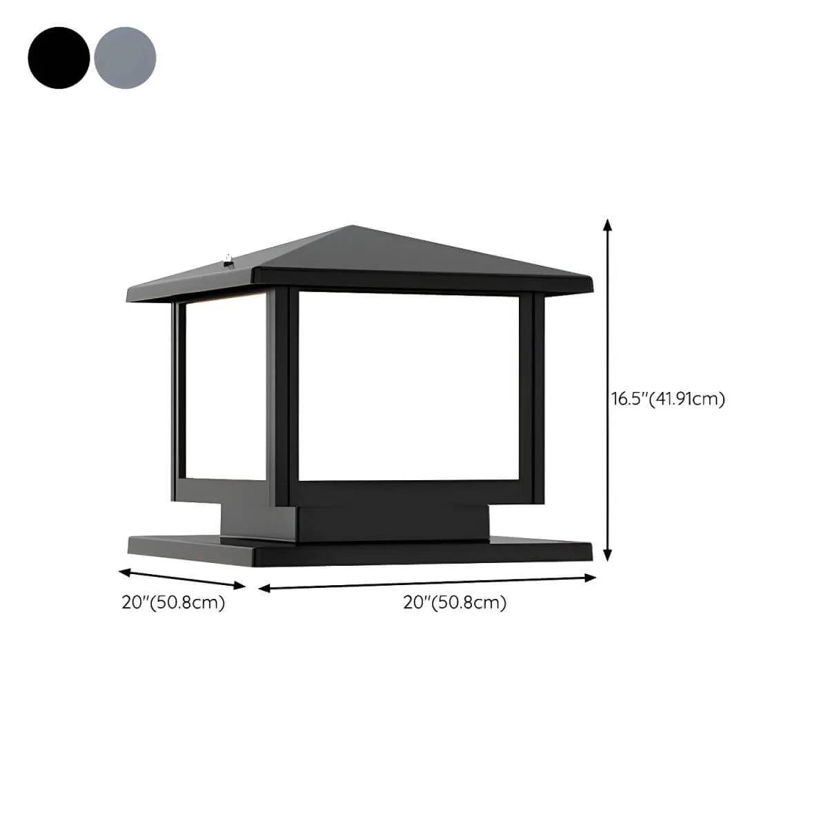 Modern Rectangle Metal Outdoor Pillar Lamp with Hipped Roof Design Dimensions