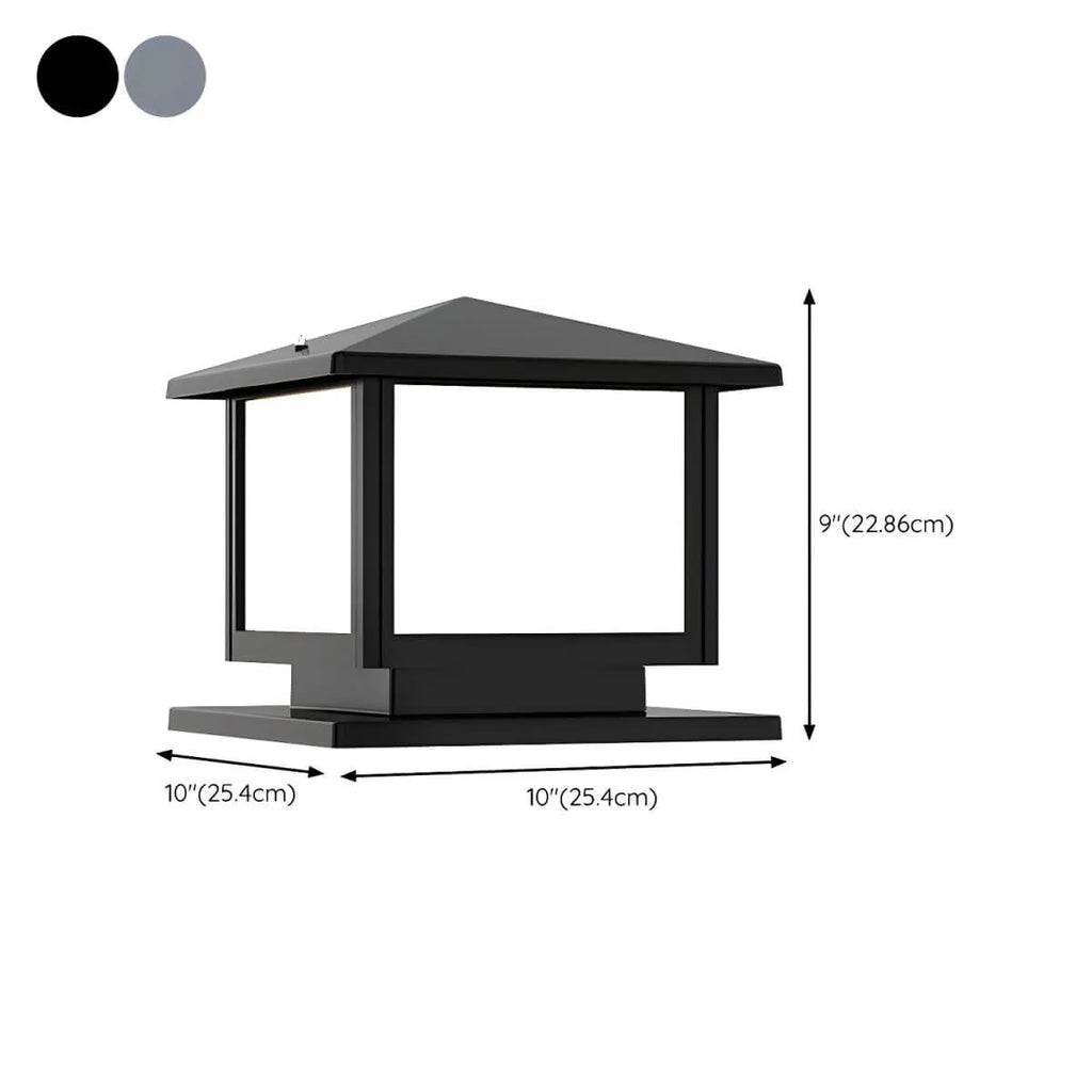 Modern Rectangle Metal Outdoor Pillar Lamp with Hipped Roof Design Dimensions