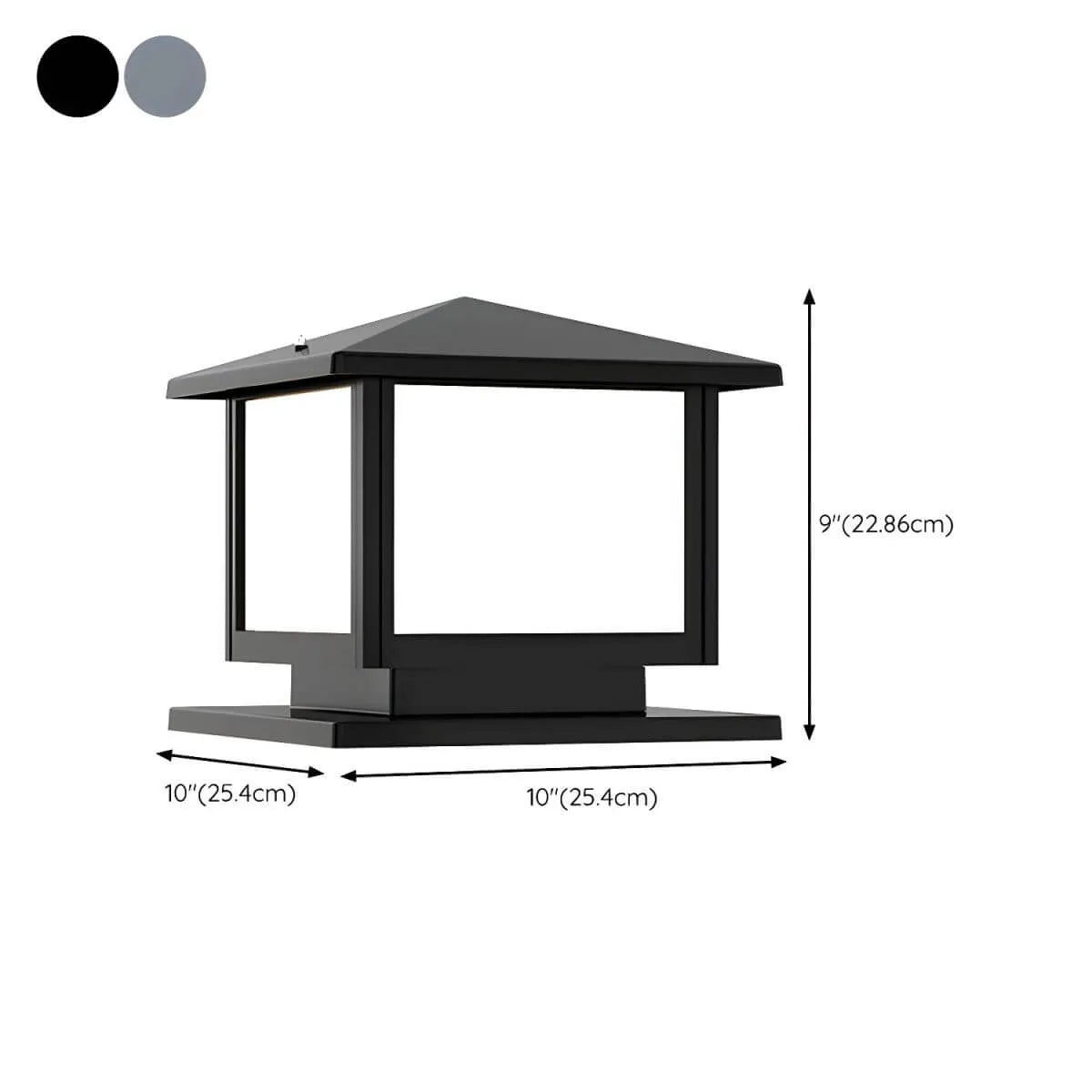 Modern Rectangle Metal Outdoor Pillar Lamp with Hipped Roof Design Dimensions