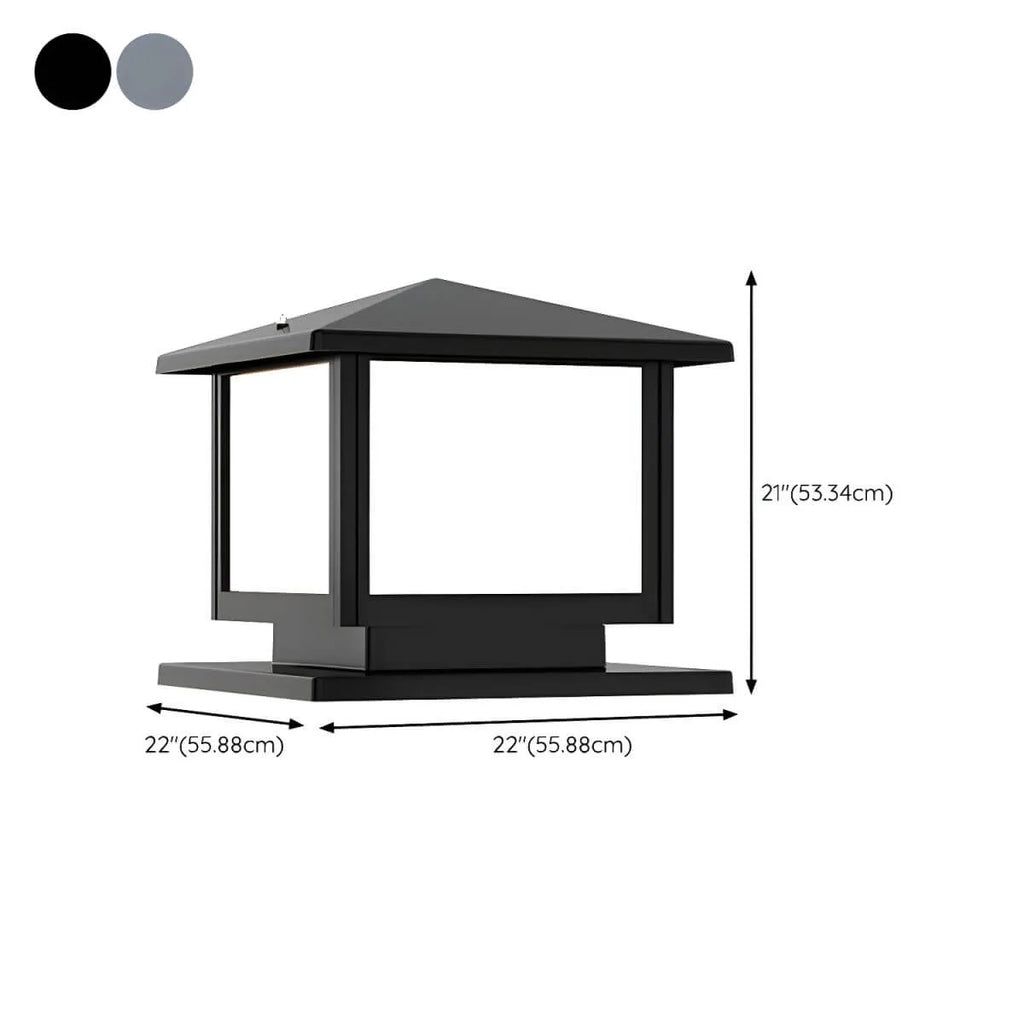 Modern Rectangle Metal Outdoor Pillar Lamp with Hipped Roof Design Dimensions