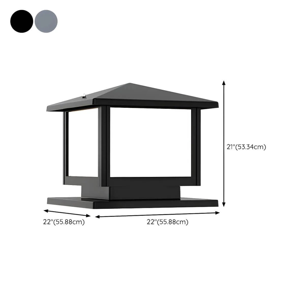 Modern Rectangle Metal Outdoor Pillar Lamp with Hipped Roof Design Dimensions